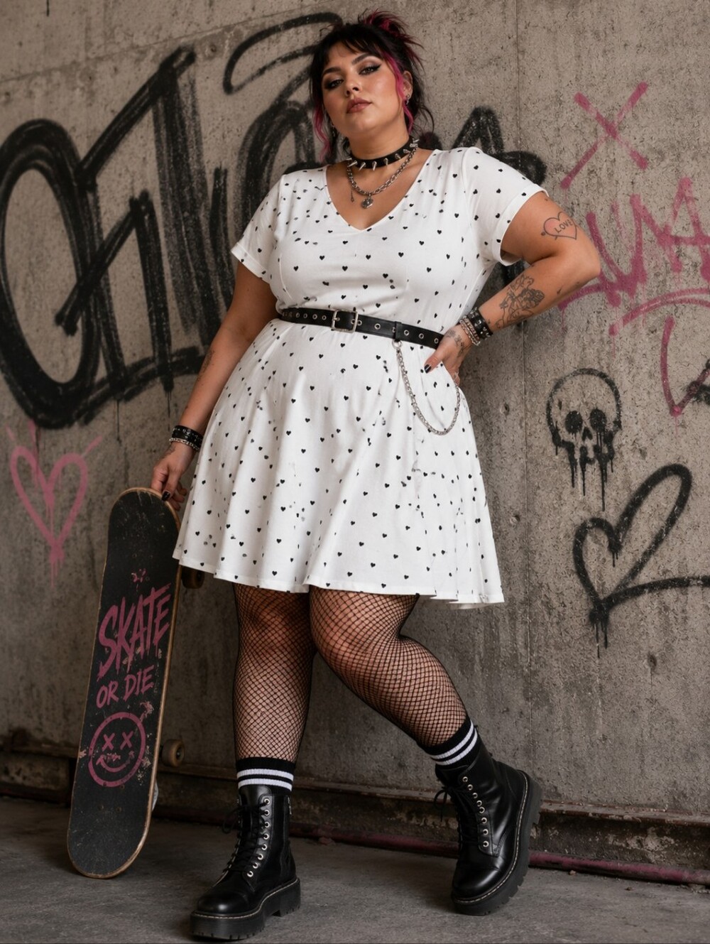 Torrid Mini Dress Punk Skater Girl Style Plus Sz 4XL Black Hearts White Pockets